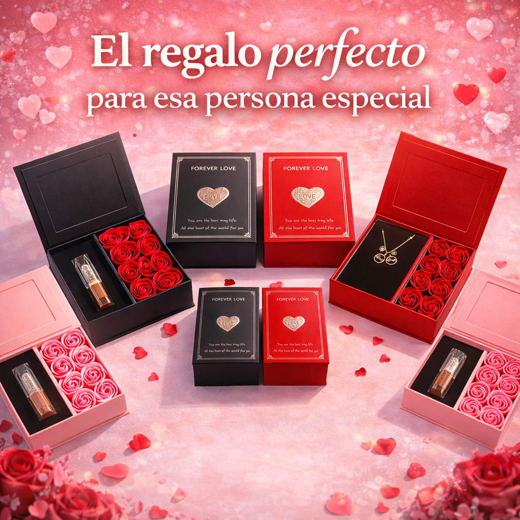 JOYERO CON ROSAS + SET DE LUJO + LABIAL GLOSS