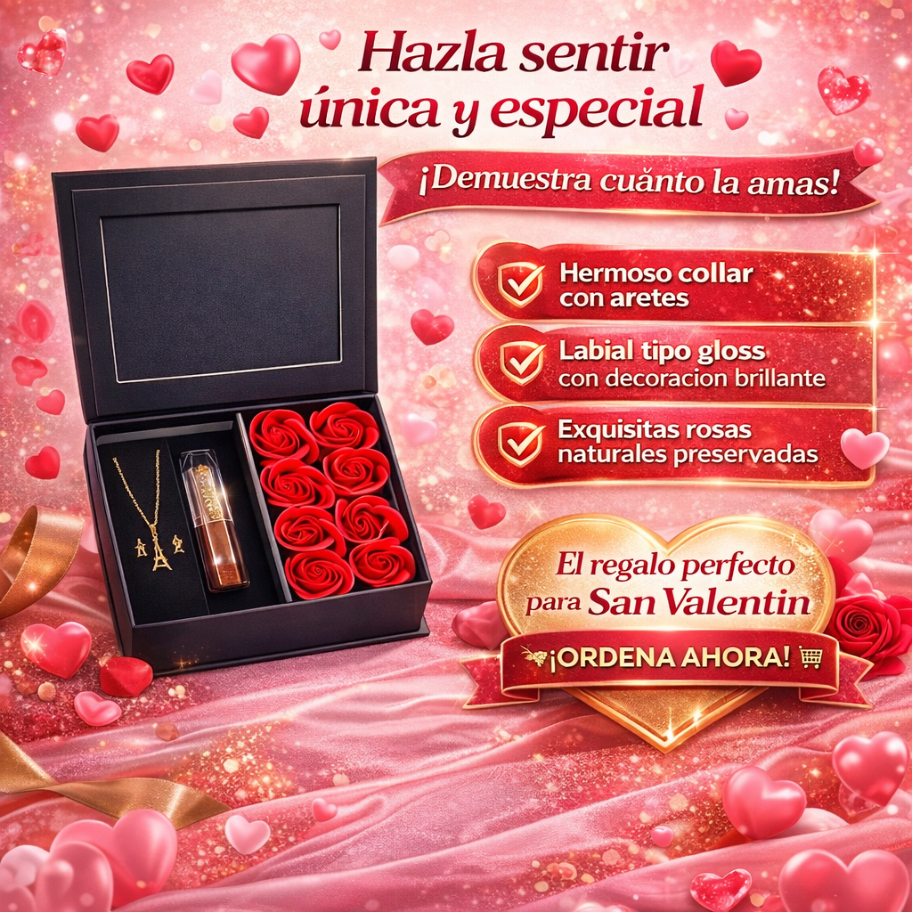 JOYERO CON ROSAS + SET DE LUJO + LABIAL GLOSS
